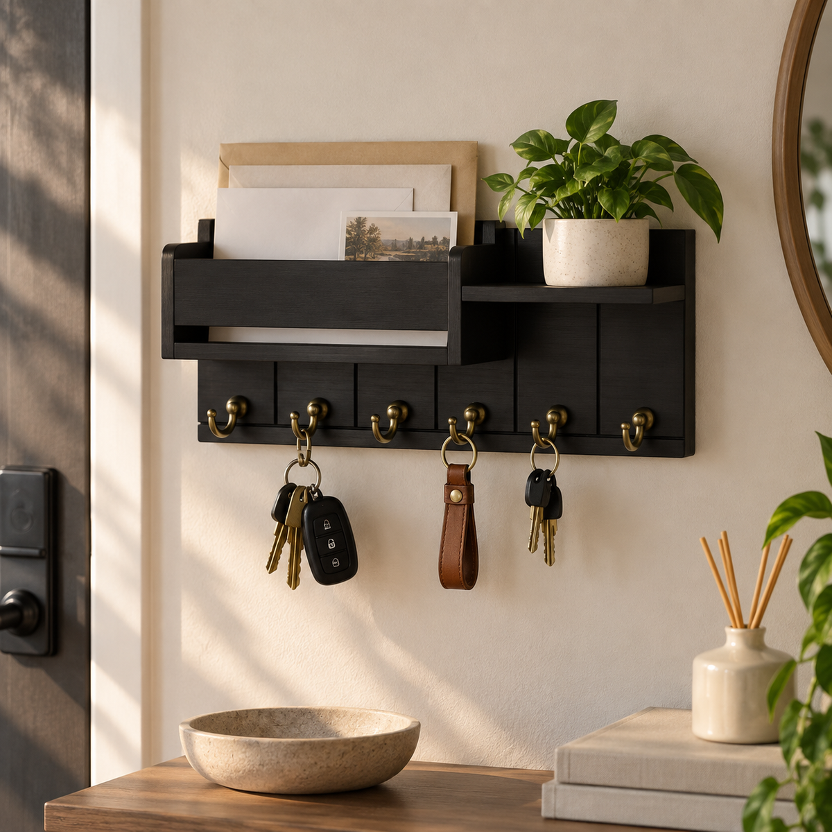 Wall-Mounted Key Rack & Mail Organizer with Shelf