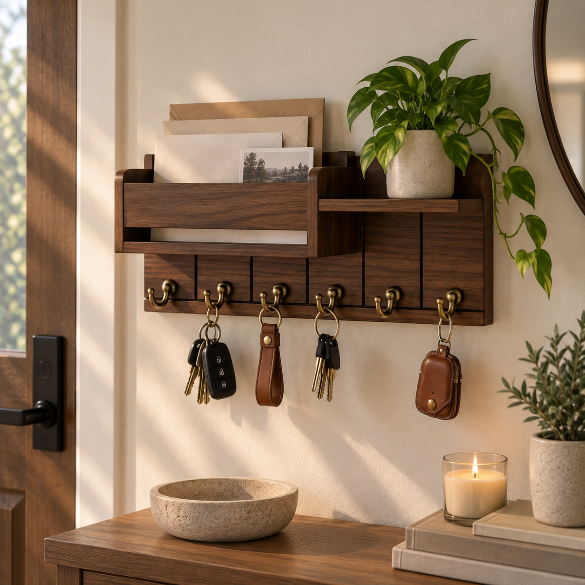 Wall-Mounted Key Rack & Mail Organizer with Shelf