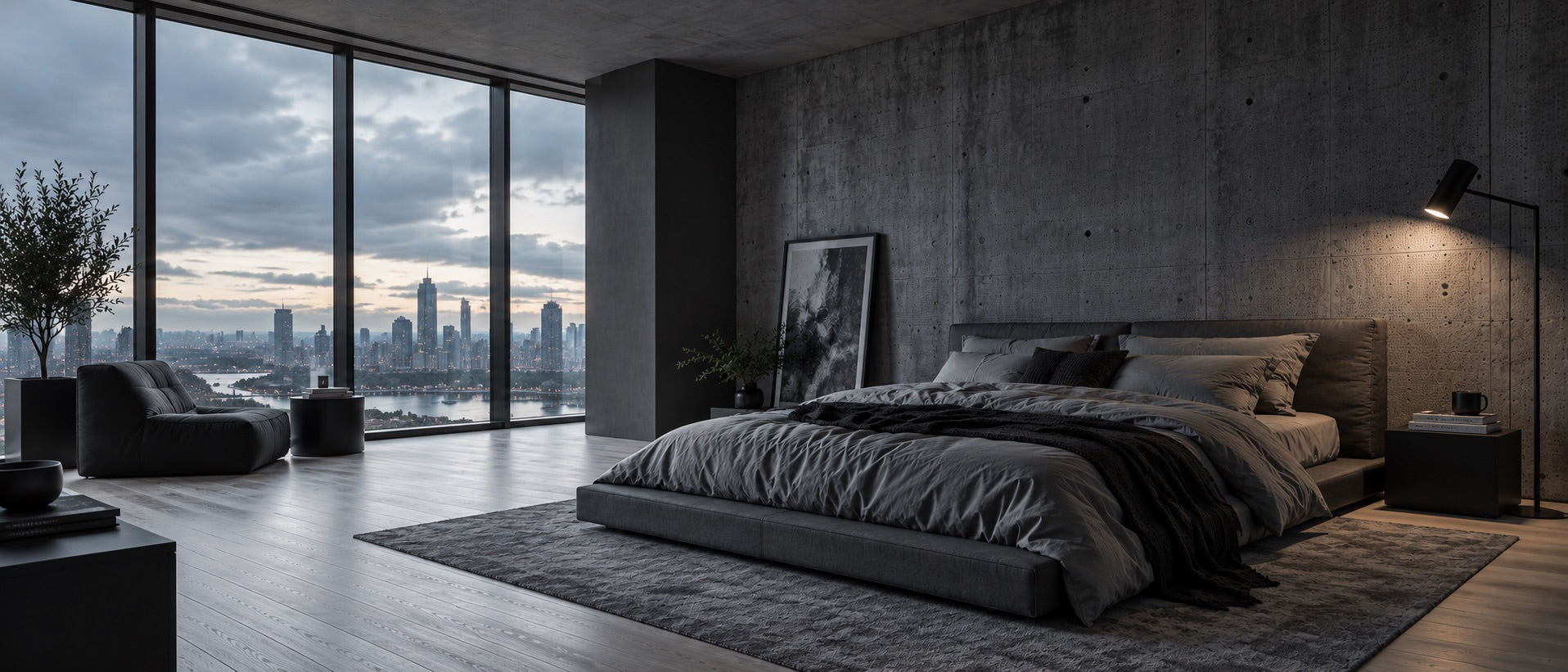 Modern bedroom in a soft grey palette with pale wood flooring and a linen-dressed bed